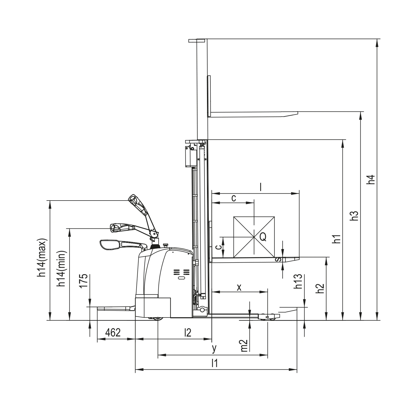 Plan coté latéral du gerbeur électrique à conducteur porté DELACCO EVV20-P avec h3, h1, h4 et l1