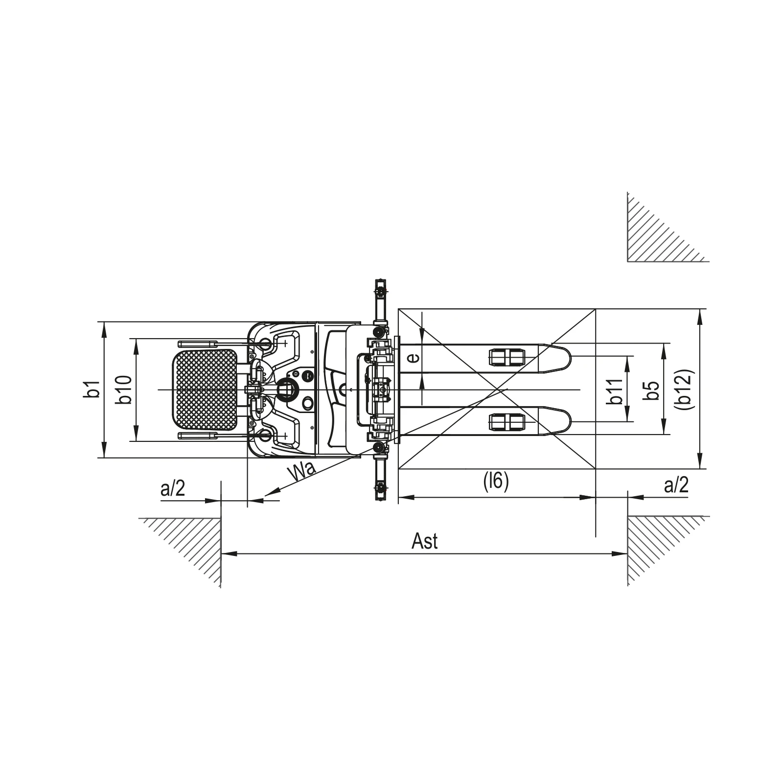 Plan coté de dessus du gerbeur électrique à conducteur porté DELACCO EVV20-P avec b1, b5 et Ast