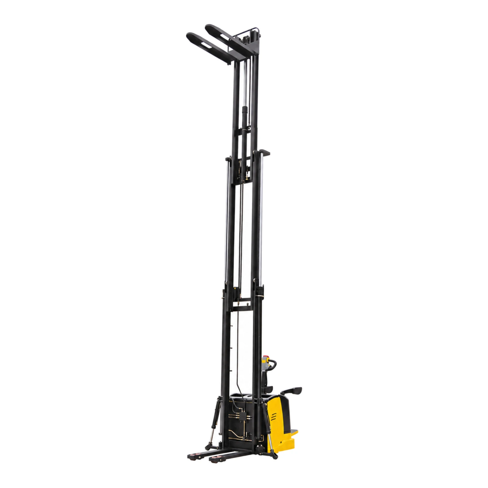 Gerbeur électrique à conducteur porté DELACCO EVV20-P avec mât triplex entièrement levé à 6500 mm