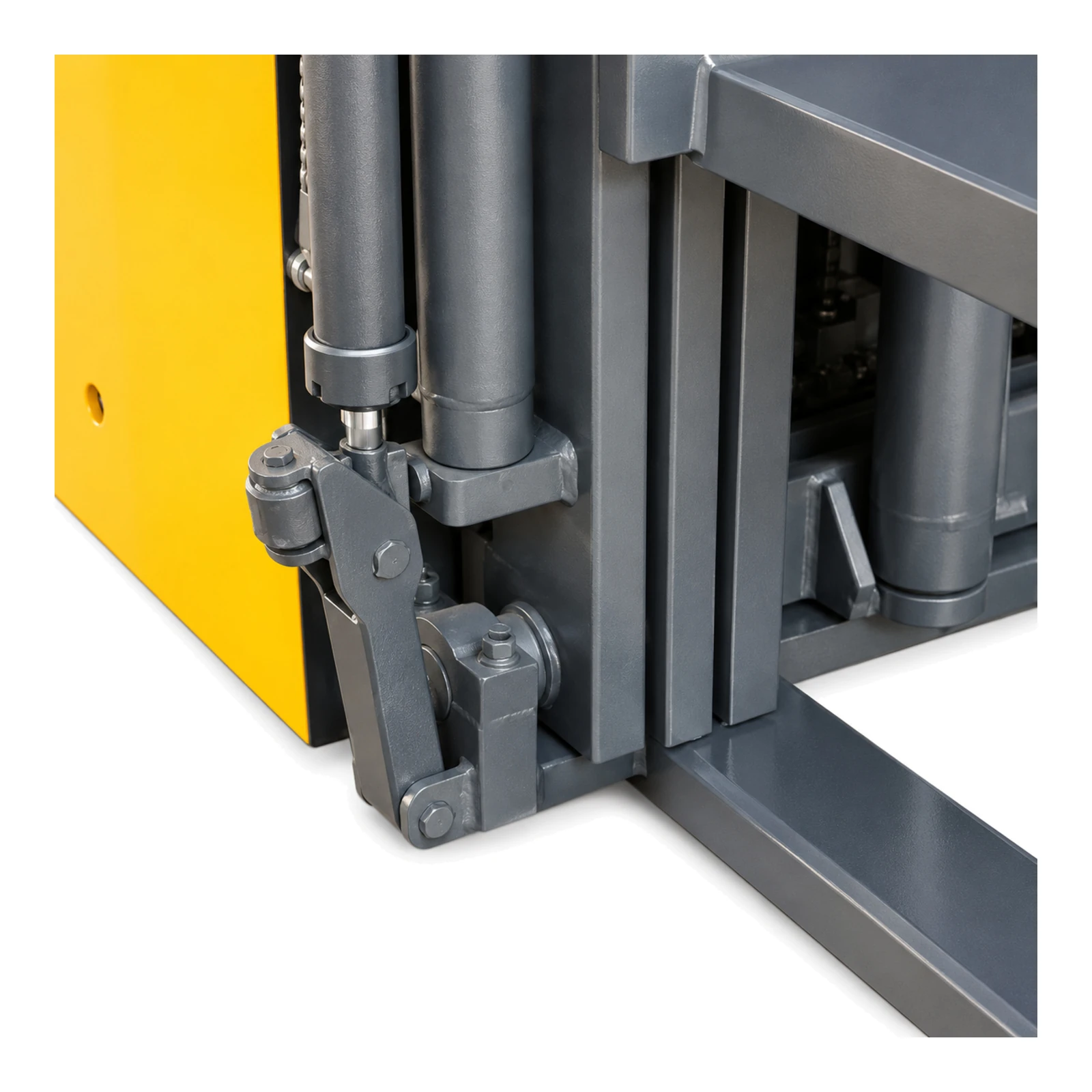 Détail du mât du gerbeur électrique à conducteur porté EVV20-P avec vérins, chaînes de levage et tablier porte-fourches