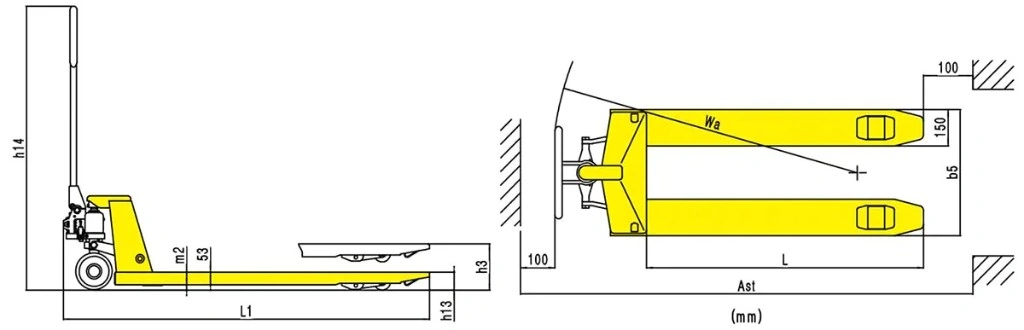 Schéma dimensionnel du transpalette manuel économique RPV2000E 2 000 kg