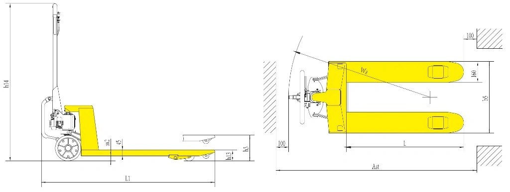 Dimensions du transpalette à assistance mécanique RPVM2500 de 2 500 kg