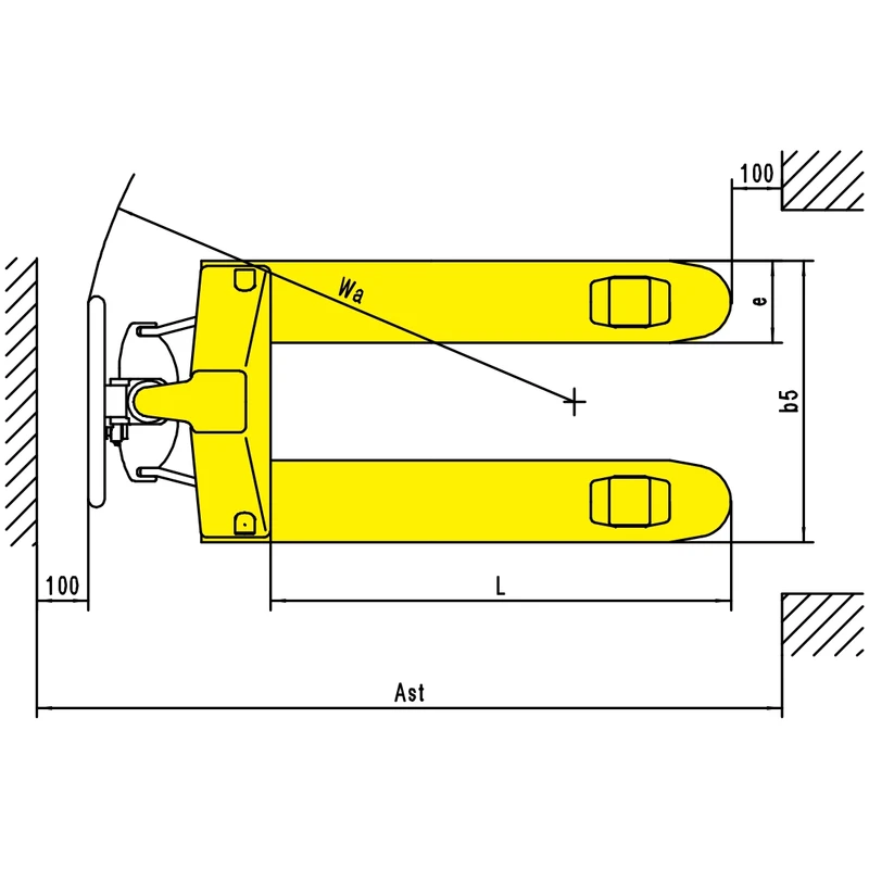 Vue de dessus et dimensions du transpalette manuel étroit RPV2000UV