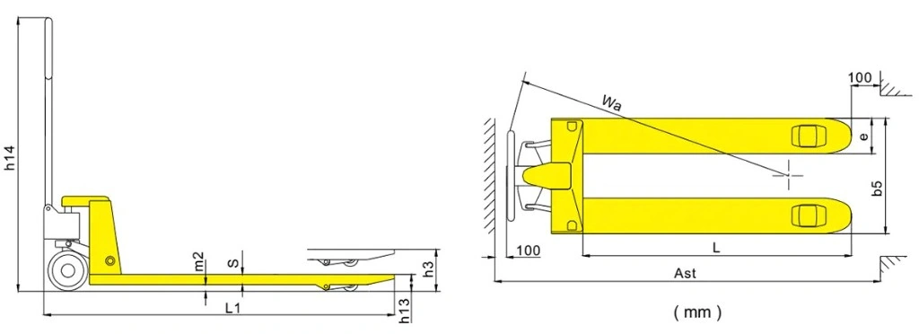Dimensions du transpalette manuel standard RPV2500STD/RPV3000STD