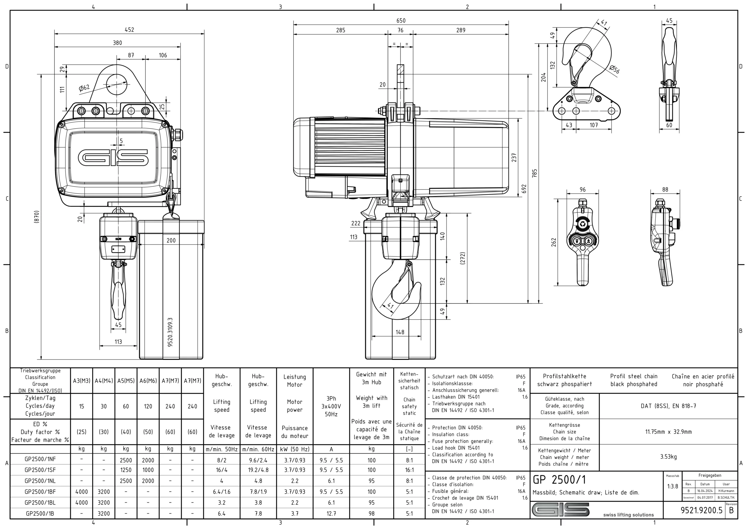 Palan électrique à chaîne GIS GP2500 de 1 000 à 6 300 kg