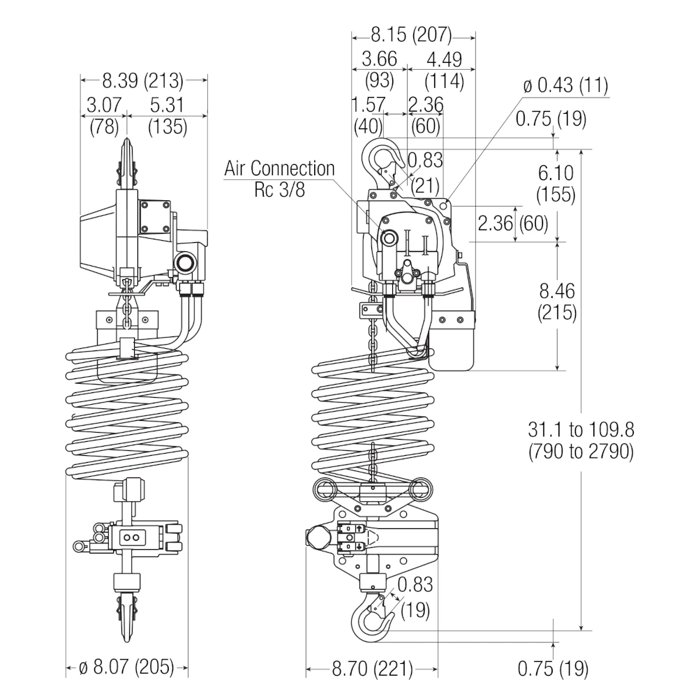 Palan pneumatique à chaîne ENDO ATC pour charges de 60 et 125 kg