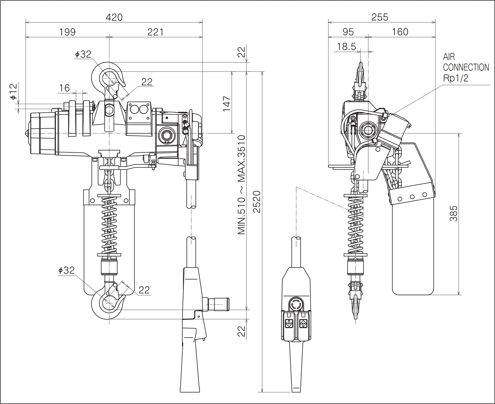 Commande du palan pneumatique à chaîne ATEX ENDO EHV